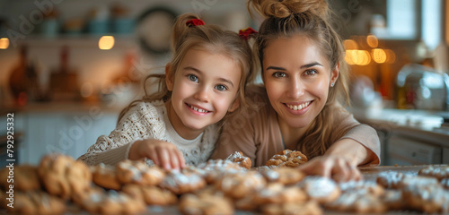  A mother and daughter baking cookies together in a warm, cozy kitchen, making cherished memories