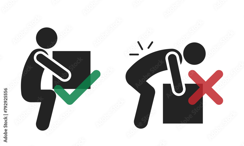 Bundle set of pictogram right and wrong way to lift heavy box, for backpain safety sign Bundle set of pictogram right and wrong way to lift heavy box, for backpain safety sign