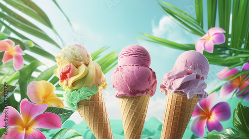  Illustration of a cone and colorful balls of ice cream on a cheerful tropical background