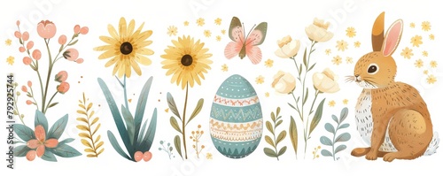 Easter decoration elements: eggs, flowers, and bunny illustrations