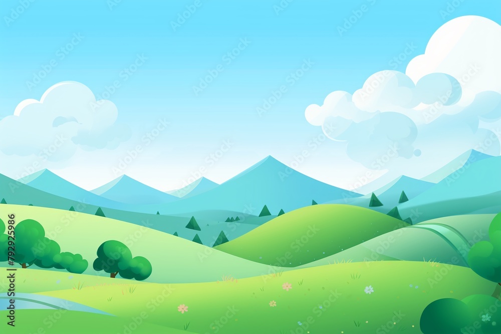 Peaceful countryside landscape with rolling hills , cute, cartoon, chibi