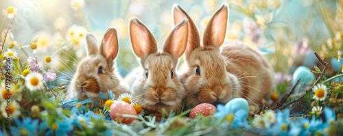 Cute rabbit family celebrating Easter among floral decorations photo