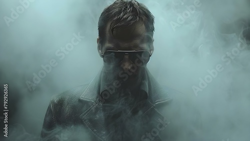 Stealthy Agent in Sunglasses Making a Swift Getaway in a Misty Environment. Concept Covert Mission, Sunglasses, Swift Getaway, Misty Environment, Stealthy Agent