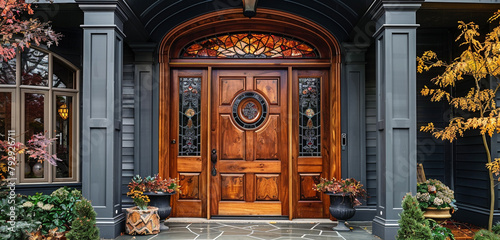  A traditional wooden door with stained glass accents, adding vintage elegance to the entrance of a historic home
