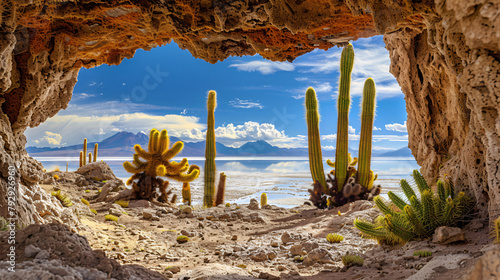 Cactuses in the cave on Incahuasi island Salar de Uyun photo