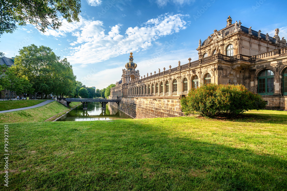 Dresden Zwinger palace in summer day, green grass on foreground
