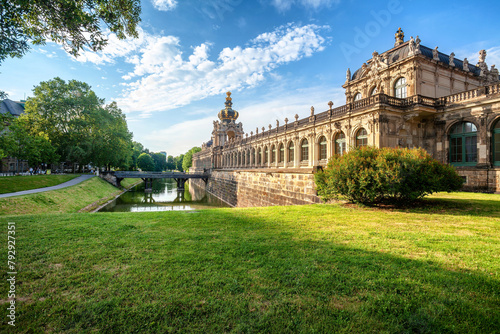 Dresden Zwinger palace in summer day, green grass on foreground