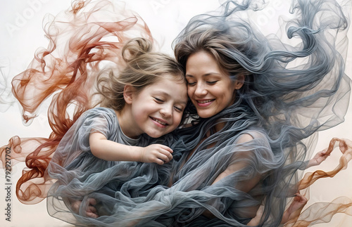 colorful smoke sculpture portrait of a portraits happiness a Mother and a small child are smiling and hugging and looking together lovingly,  photo