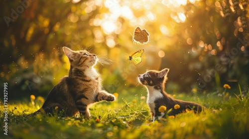 cute furry friends Cat and dog catch flying butterflies in a sunny summer garden