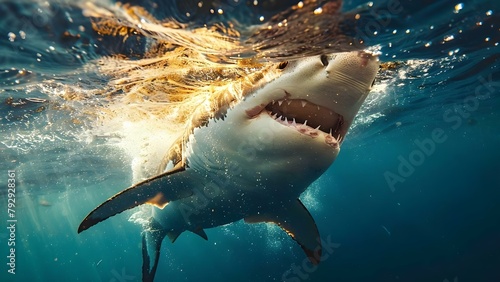 Shark fin emerging dramatically through ocean surface in a captivating low-contrast image. Concept Underwater Photography, Wildlife Portraits, Marine Life, Dramatic Scenes, Ocean Exploration photo