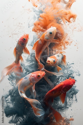 Abstract goldfish dance with colorful ink clouds