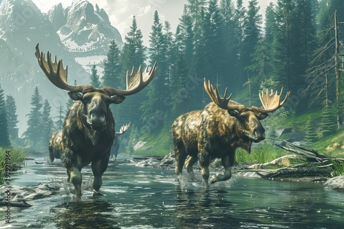 Majestic Moose Duo Walking Through Pristine Stream in Lush Forest with Mountain Backdrop