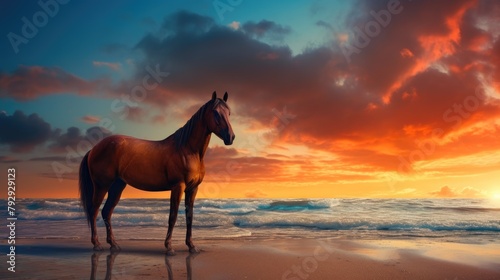 Golden Hour Gallop: Horse Silhouette on Beach © AIproduction
