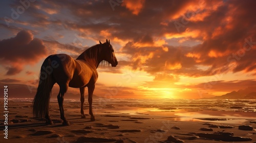 Sunset Serenity: Tranquil Horse on Shoreline © AIproduction