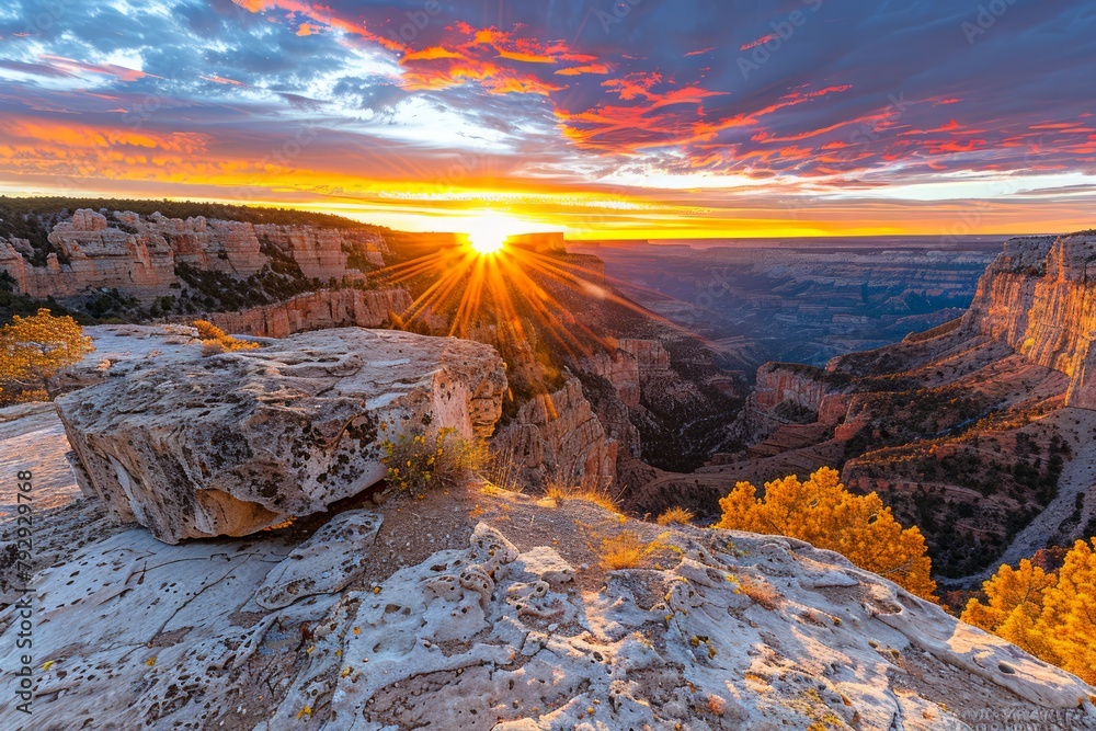 Majestic Sunrise Over Grand Canyon National Park with Vivid Sky and Panoramic Cliffside Views