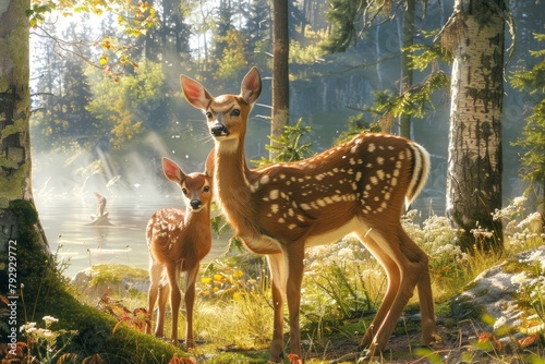 Serene Forest Scene with Two Young Deer Bathing in the Warm Sunlight Among Trees © pisan