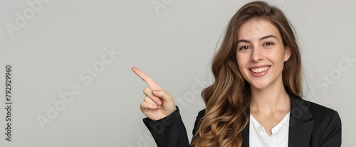 Happy business woman entrepreneur, smiling professional manager, confident businesswoman looking at camera pointing aside advertising offer isolated on simple and neat background. generative AI photo