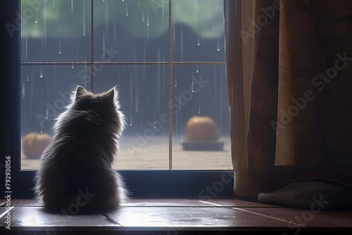 Rain patters against the windowpane, creating a soothing rhythm A fluffy Persian cat gazes out at the world, its tail swishing gently A curious Yorkie puppy peers over its shoulder, sharing the peacef
