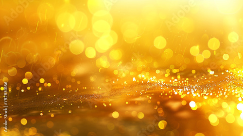 An abstract golden yellow background, softly out of focus, with shimmering gold bokeh lights, mimicking the warm glow of a sunset on a summer evening.