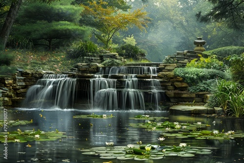 Tranquil Waterfall Oasis in Lush Green Forest Landscape with Misty Ambiance and Serene Pond