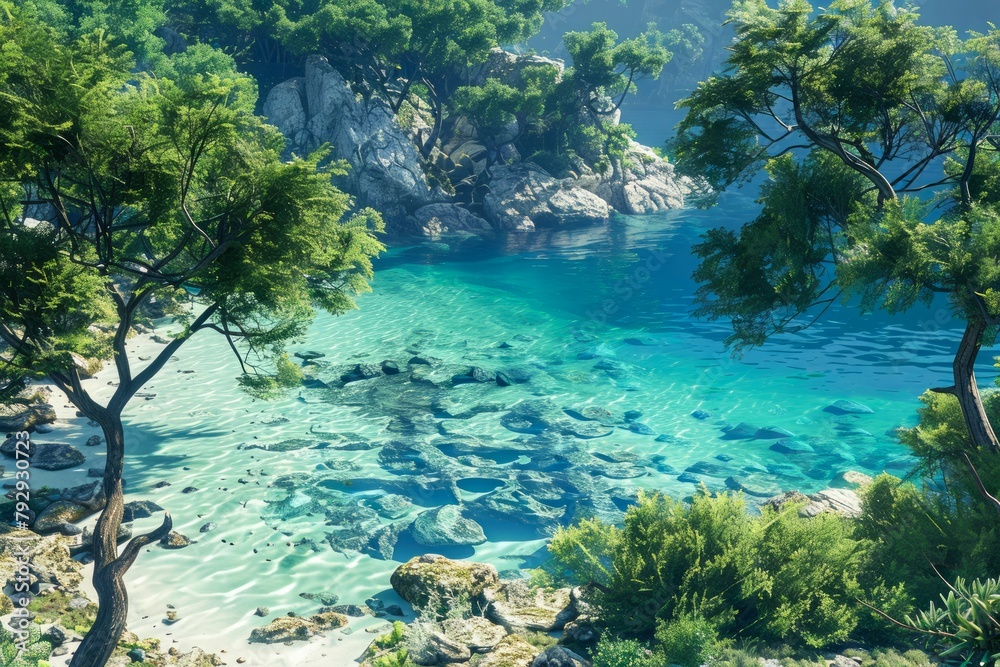 Serene Coastal Seascape with Lush Greenery and Clear Blue Waters Framed by Trees on a Sunny Day Serene Coastal Seascape with Lush Greenery and Clear Blue Waters Framed by Trees on a Sunny Day
