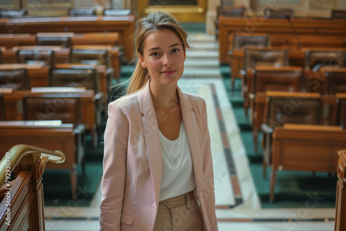 A woman in a pink jacket stands in front of a large room with wooden chairs