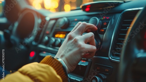 In a car stereo, an adult woman adjusts the sound volume with her right hand photo