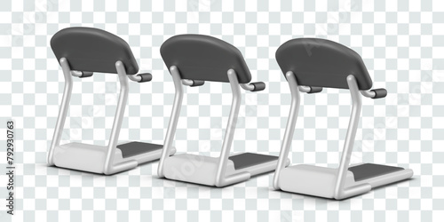 Empty treadmills arranged in row. Realistic sports equipment for running, jogging