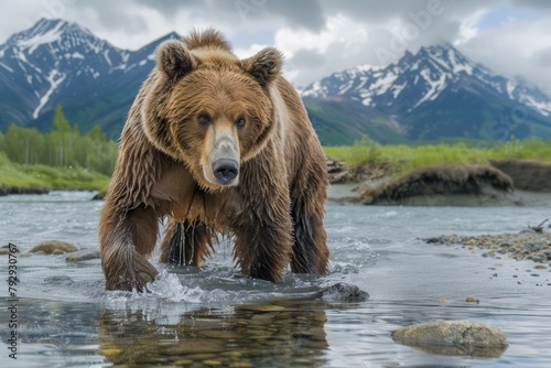 Majestic Brown Bear Wading Through Mountain River with Snow Capped Peaks in the Background