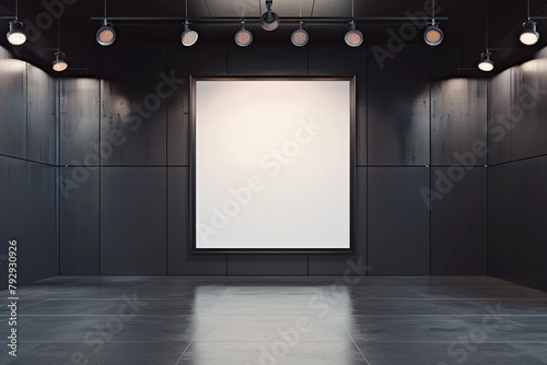 An art gallery with sleek, matte black walls and a single large, glossy white frame mockup in the center. 