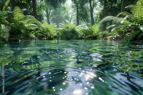 Serene Tropical Rainforest Stream with Lush Green Ferns and Sunlight Filtering Through Trees photo