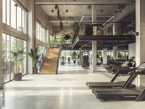 Minimalist gym interior with sleek equipment, showcasing fitness products in a clean and modern setting.