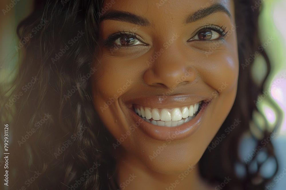  A close-up portrait of a radiant woman with a captivating smile and sparkling eyes showing teeth after dental care