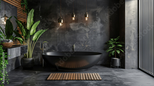 Modern dark bathroom interior with concrete floor 