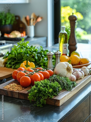Contemporary kitchen counter with fresh produce and cooking utensils, encouraging home cooking and healthy meals.