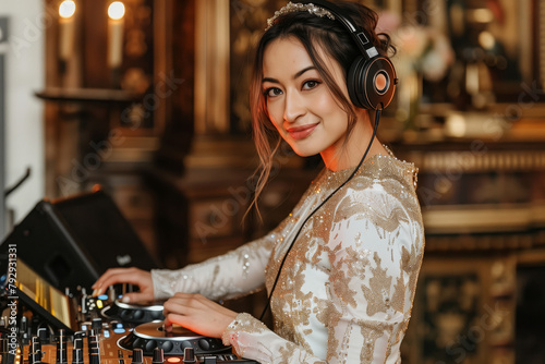 A woman wearing headphones and a white dress is playing a DJ set