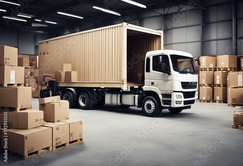 'transportation freight shipment cargo packages logistics delivery warehouse unloading loading concept boxes full truck cardboard forklift white pallet isolated'