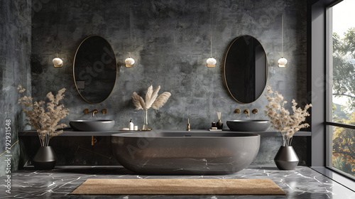 Modern gray bathroom interior with double sinks 