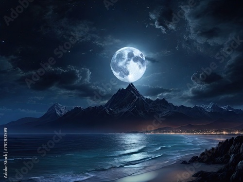 Sea Moonlight Serenade  A tranquil scene of moonlight casting its glow over the calm sea  with the silhouette of mountains in the distance