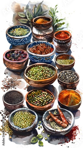 Vibrant Watercolor Paintings A Global Journey through Spice Markets and Fragrant Herbs