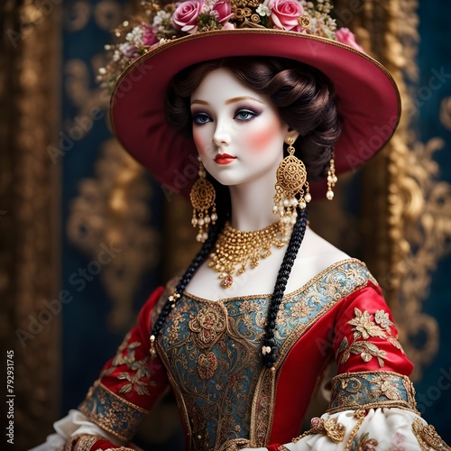 Courtly Charm: Porcelain Doll in Wide-Brimmed Hat and Period Attire 