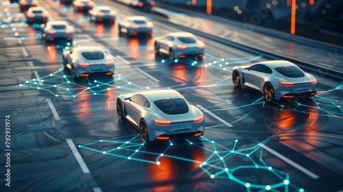 A 3D rendering of autonomous cars on a road with visible connections photo