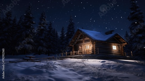 Winter Wonderland: Cabin in Snowy Night © AIproduction