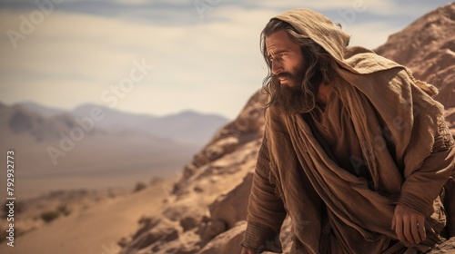 A Serene Scene of a Desert Landscape  Where a Man in Robes Sits on Rocks Amidst the Desert s Quiet.