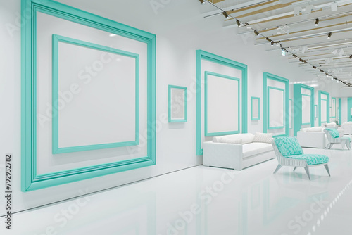 An expansive white art gallery displaying empty blank mock-up posters in turquoise frames. The cool  refreshing shade of turquoise injects a burst of creativity into the space  
