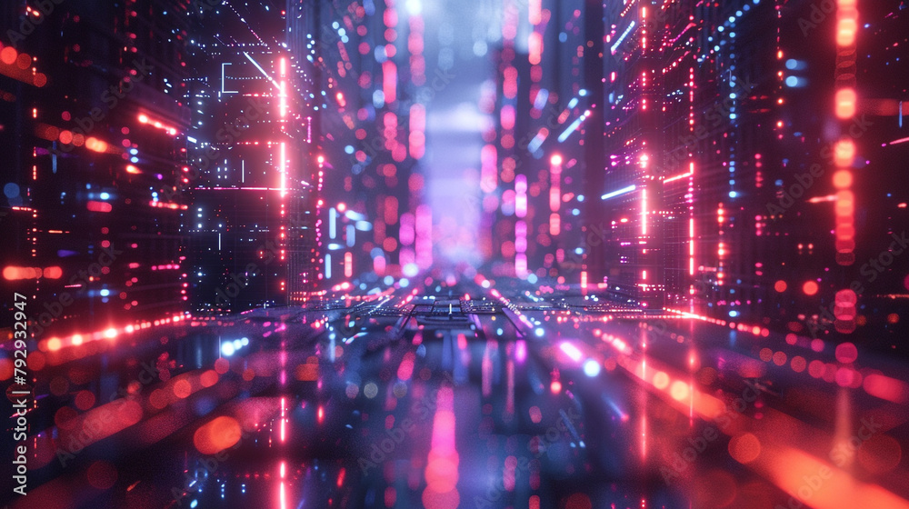 AI's algorithms sculpt neon-lit geometric wonders against dark cyberspace. 