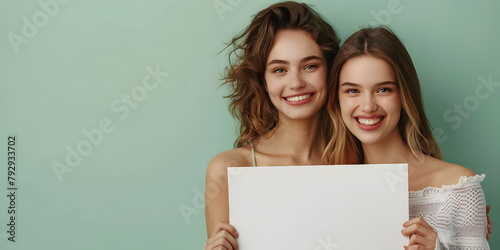 Positive young pretty women stand next to each other have cheerful expressions - holding a blank sign - copy space © xavmir2020
