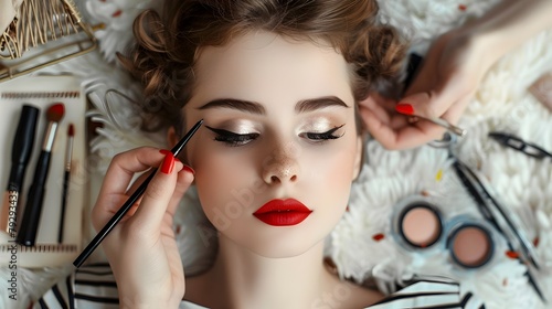 Vintage-Inspired Makeup Session: A Woman's Devotion to Retro Eyeliner and Red Lipstick © pkproject