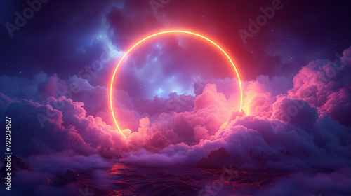 abstract cloud illuminated with neon light ring on dark night sky. Glowing geometric shape, round frame.