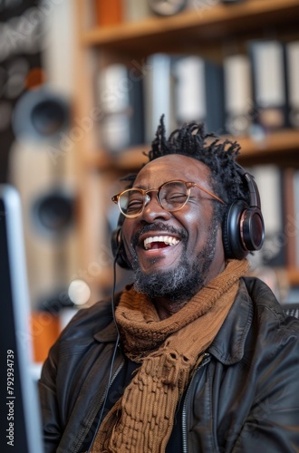 a man on a headset laughs in front of a computer 